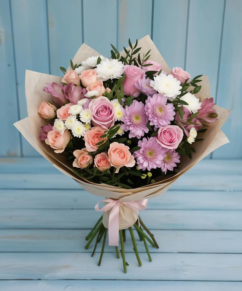 Букет цветов из: Хризантемы, Розы и Альстромерии в Крапивинском