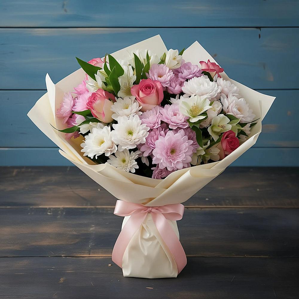 Букет цветов из: Хризантемы, Альстромерии и Розы в Крапивинском